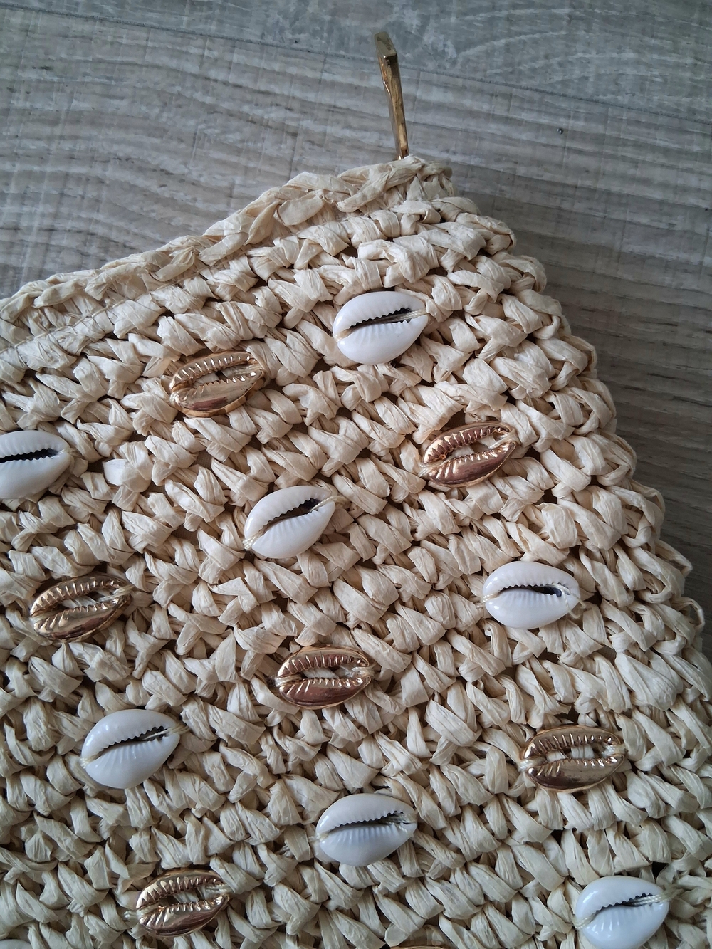 Woven Straw Cowrie Shell Embellished Clutch